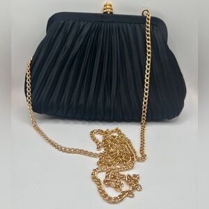 Chic Black Pleated Clutch Crossbody with Gold Chain